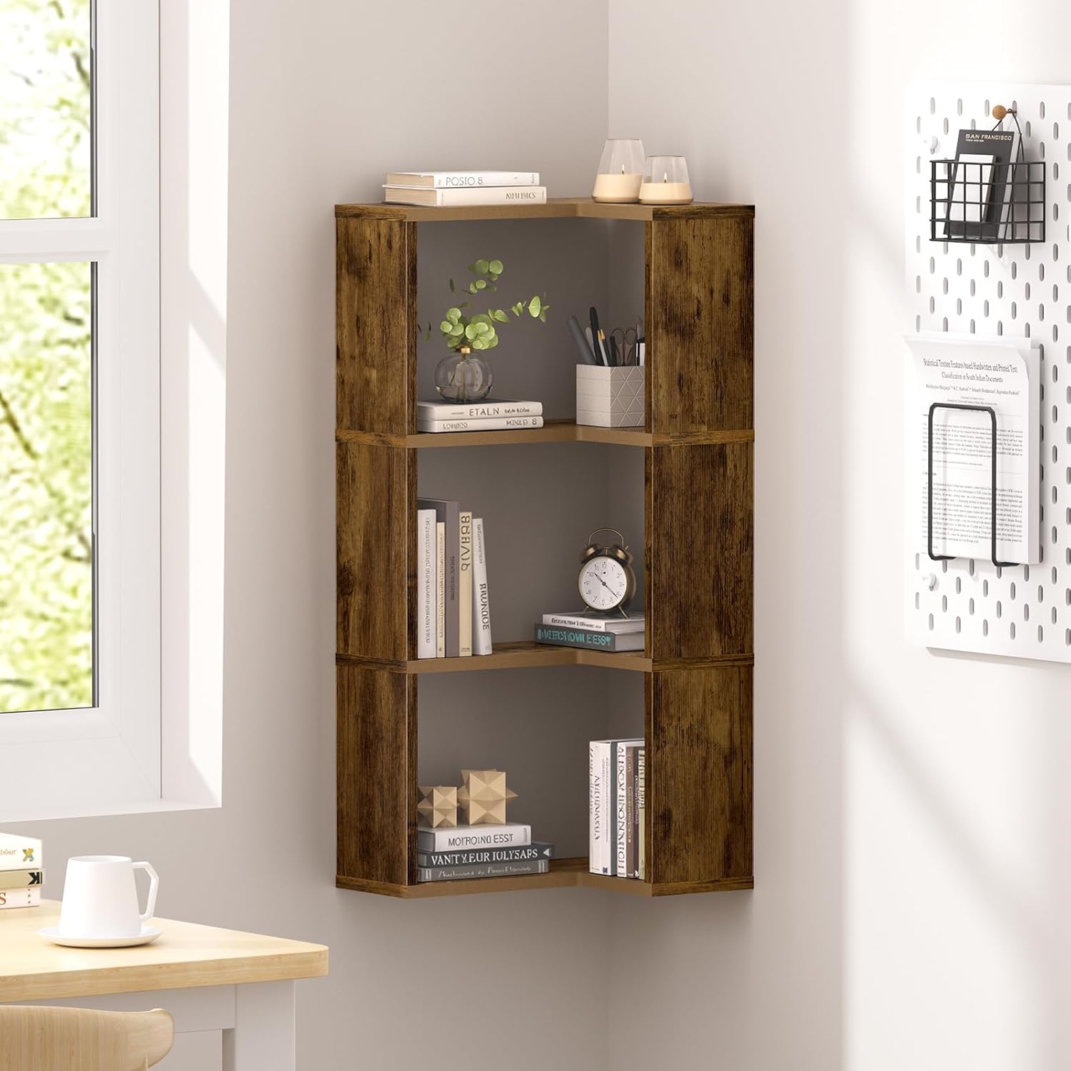 Floating Corner Shelf, 4-Tier Floating Shelf for Wall, Wood Floating Book Shelf for Living Room, Bedroom, Bathroom, Home Office, Rustic Brown