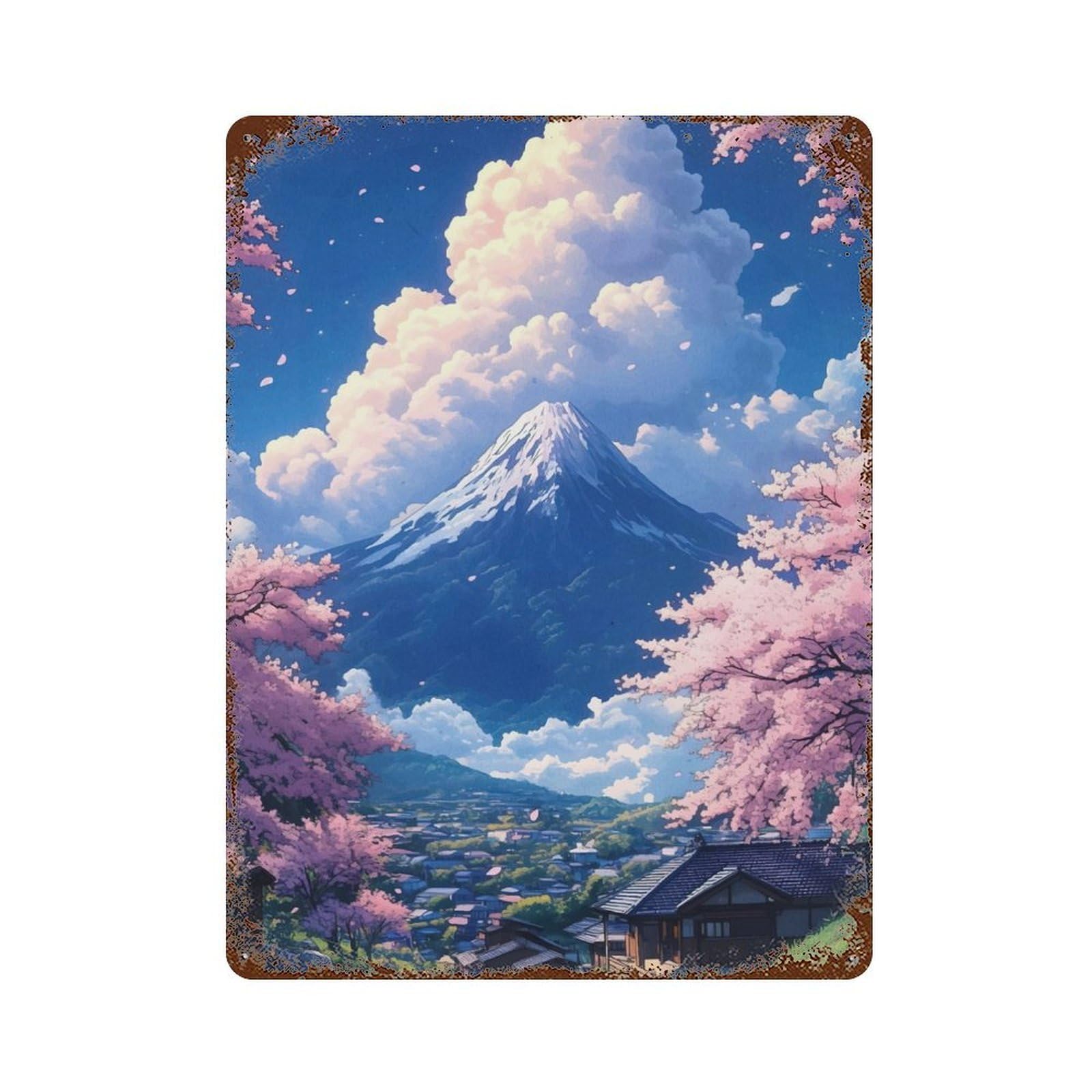 Mount Fuji Spring Landscape Rusty Metal Tin Sign 15.7"x11.8", for Shed, Workshop And Garage Wall Decor, Shabby Chic Decor