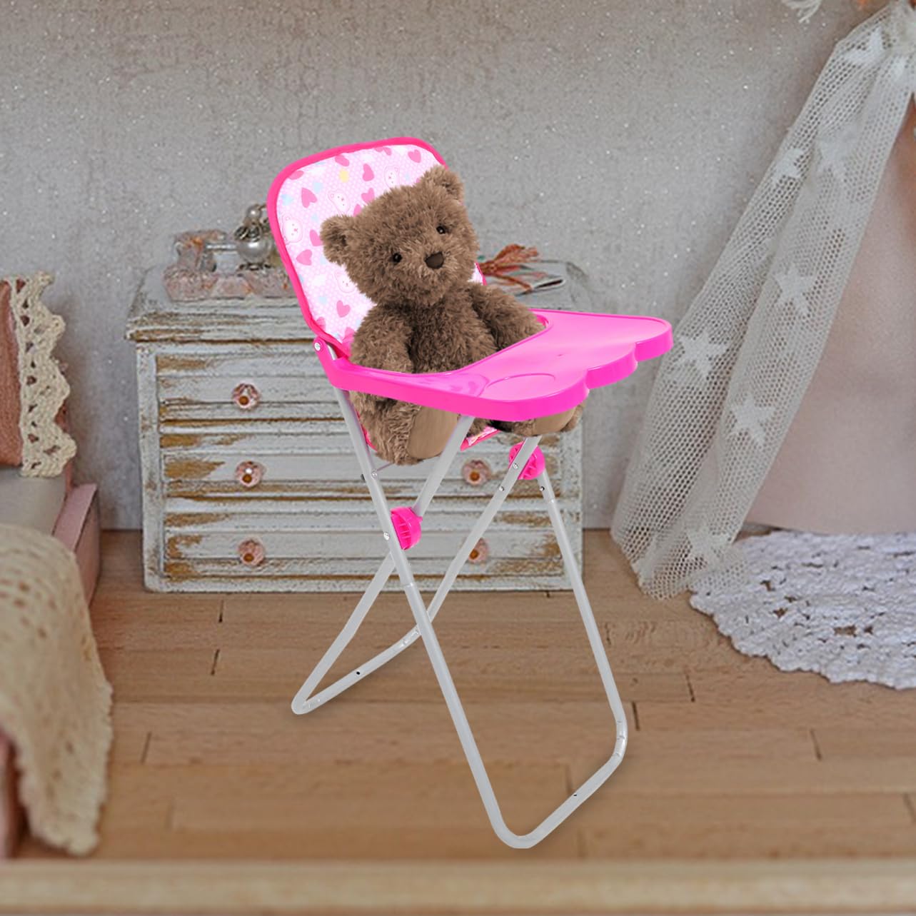 ORFOFE Silla Trona para Muñecas, Trona Alta Juguete para Niñas, Accesorios para Cosas de Muñecas, Juego de rol y Mueble Rosa