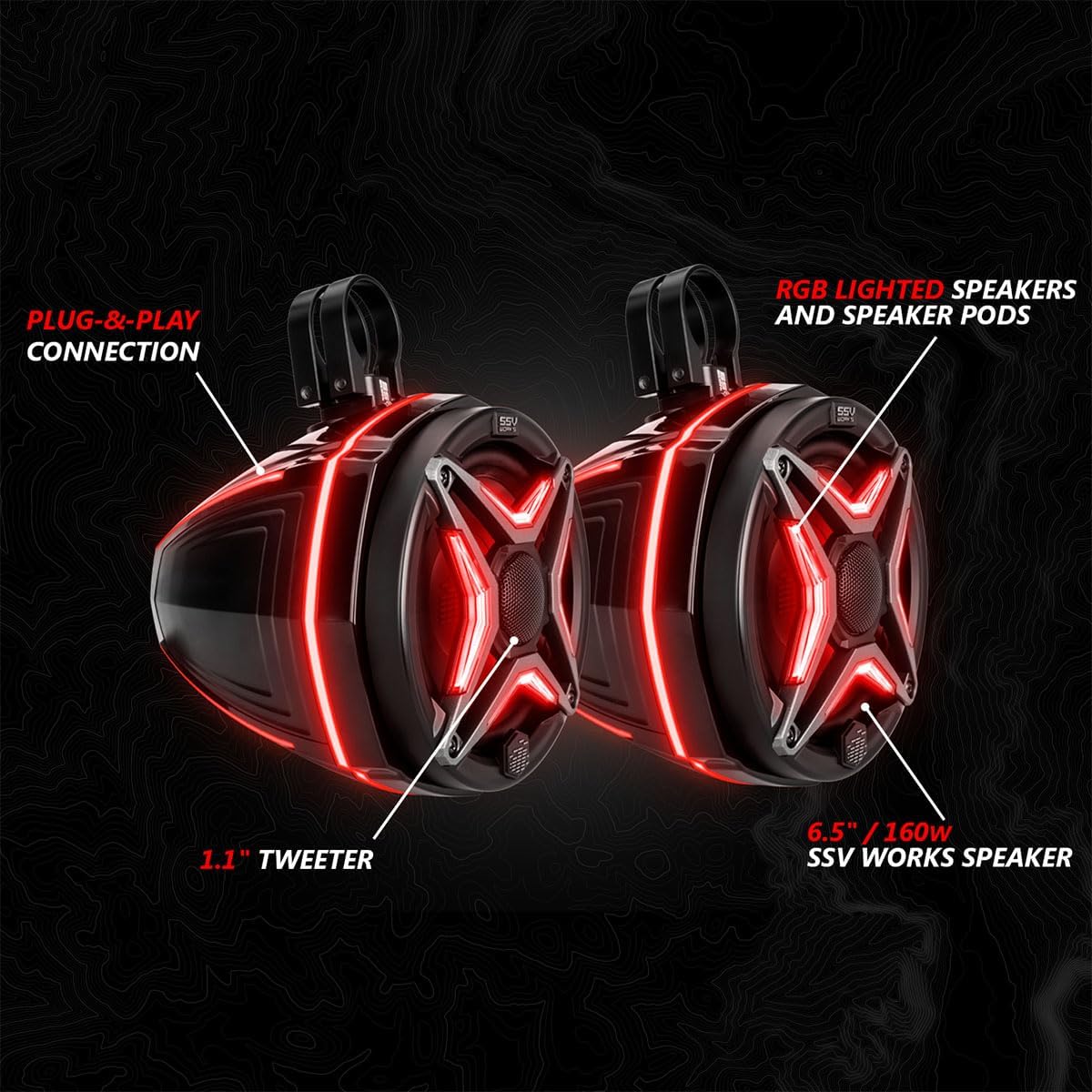 SSV Works 6.5 inch rear cage speakers with RGB lighting and plug-and-play connection.