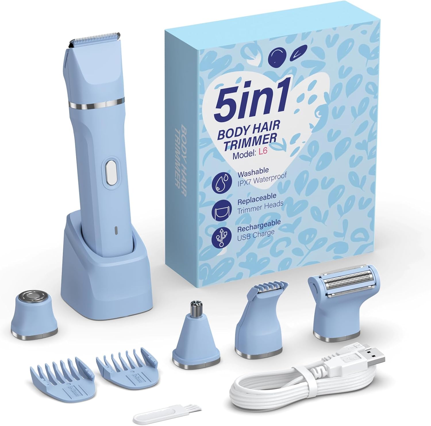 5-in-1 Bikini Trimmer for Women, IPX7 Waterproof Electric Razors Shaver, Cordless Body Hair Trimmer, Facial & Pubic Hair Removal, Ceramic Blade (Sky Blue) - Image 9
