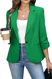 Women's Ruched 3/4 Sleeve Blazers, Lightweight Slim Fit Jackets with Padded Shoulder for Business Casual - Buy now