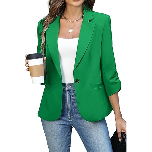 Women's Ruched 3/4 Sleeve Blazers, Lightweight Slim Fit Suits with Padded Shoulder for Business Casual