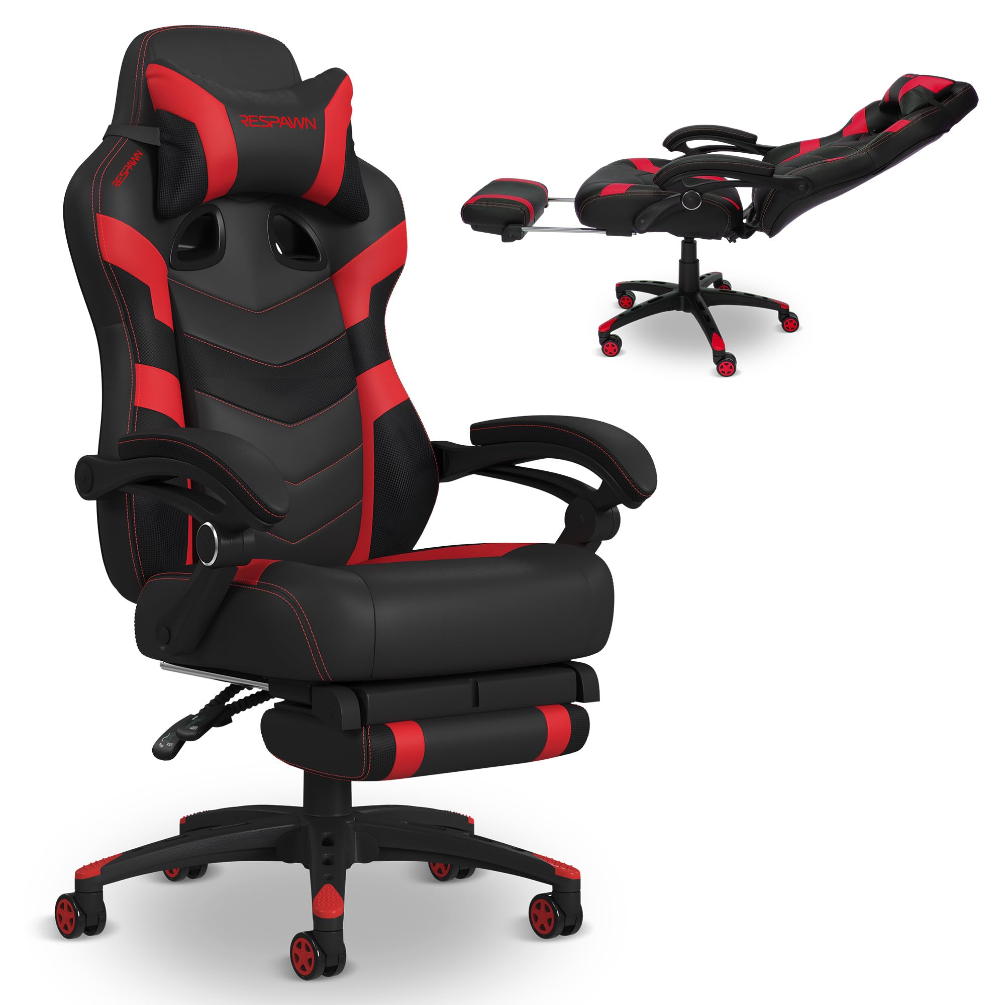 RESPAWN 110 Ergonomic Gaming Chair With Footrest Recliner - Racing Style High Back PC Computer Desk Office Chair - 360 Swivel, Lumbar Support, Adjustable Headrest Pillow, Padded Armrests - 2021 Red