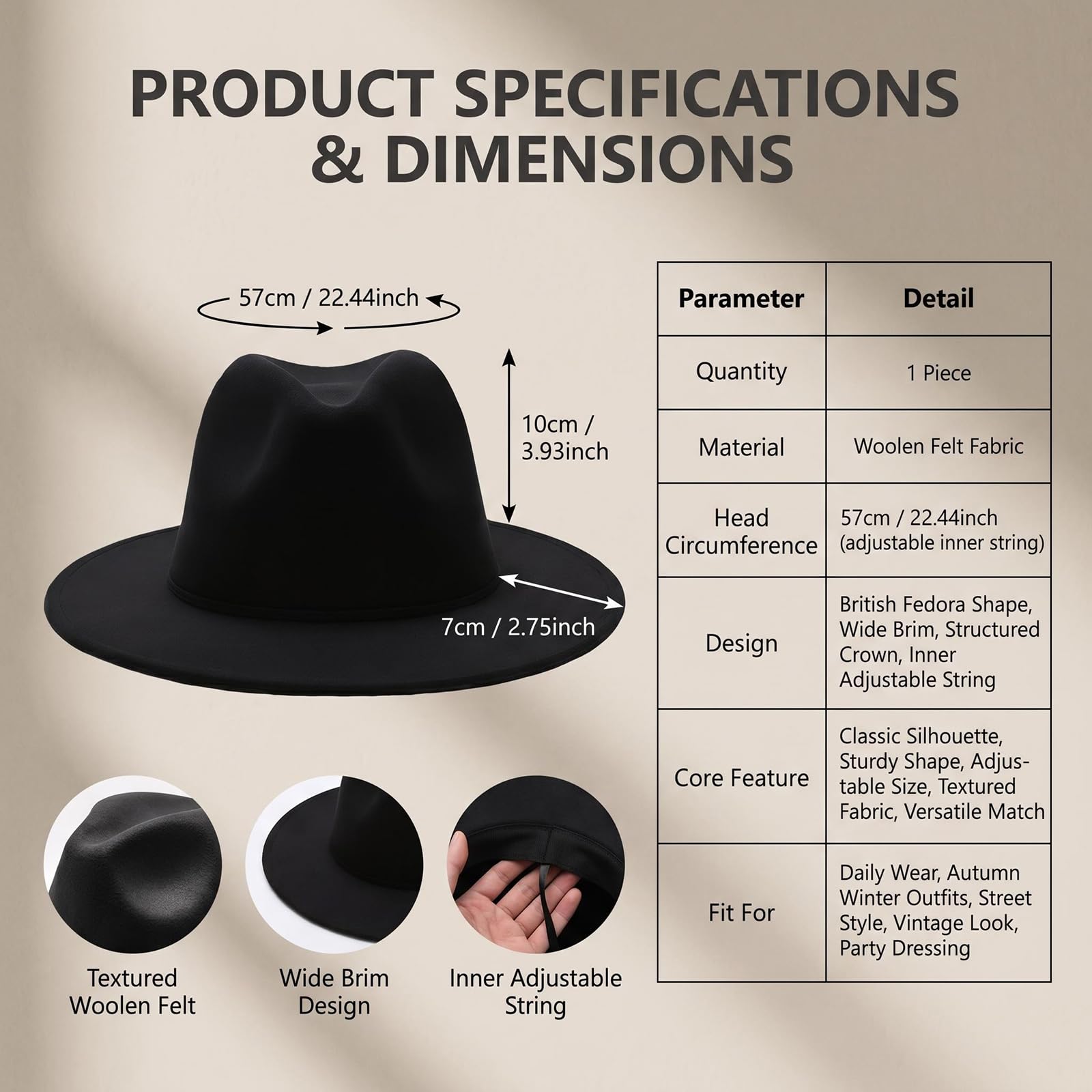 Classic Black Jazz Hat Fashion Fedora Hat Large Bord Porc Tarte Cap élégant Laine Feutre Hiver Hommes Femmes Chapeaux