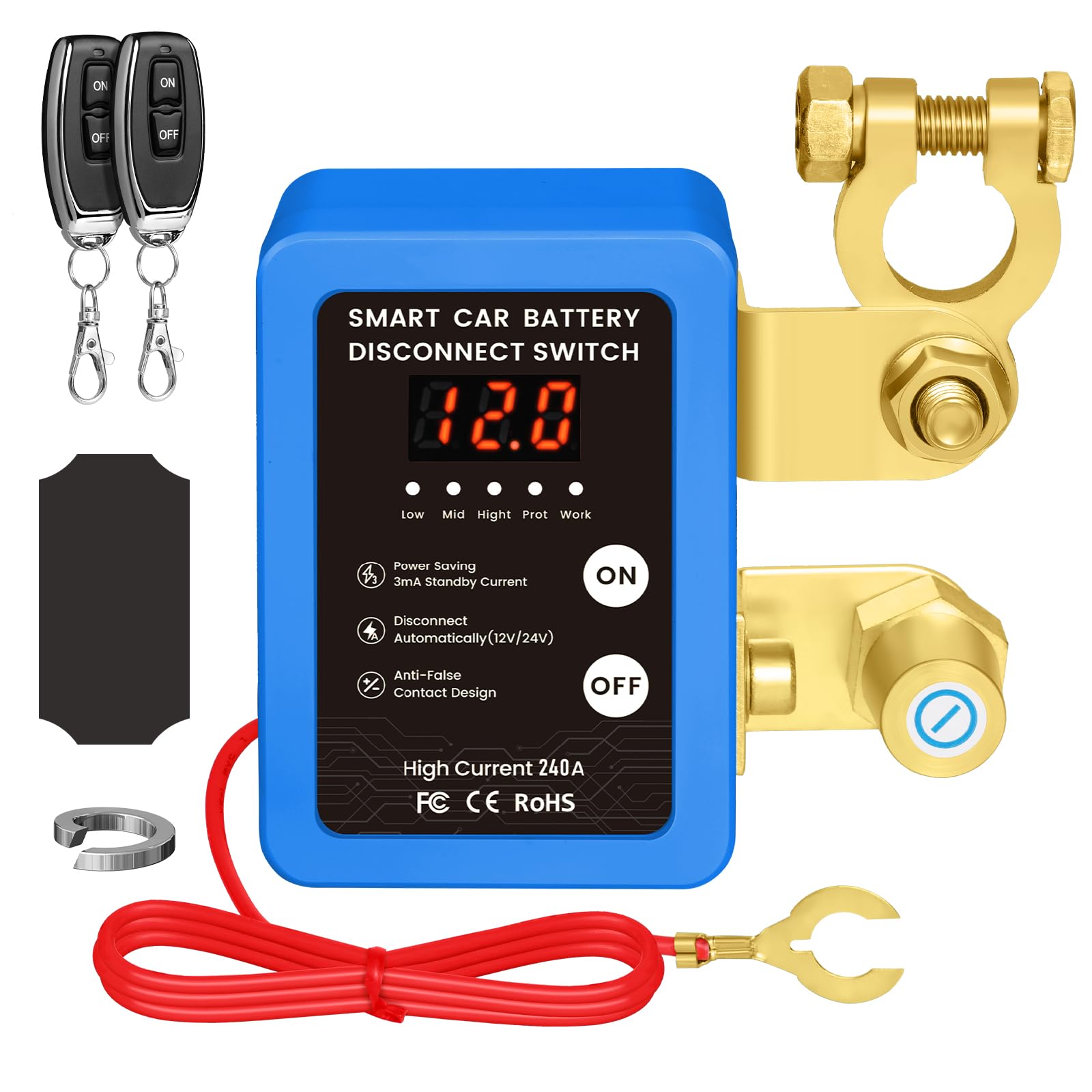 Interruttore di batteria telecomandato senza fili, tazza circuito batteria 12 V 240 A telecomando, interruttore di spegnimento automatico con display a LED per 12 V auto campeggio auto ATV camion
