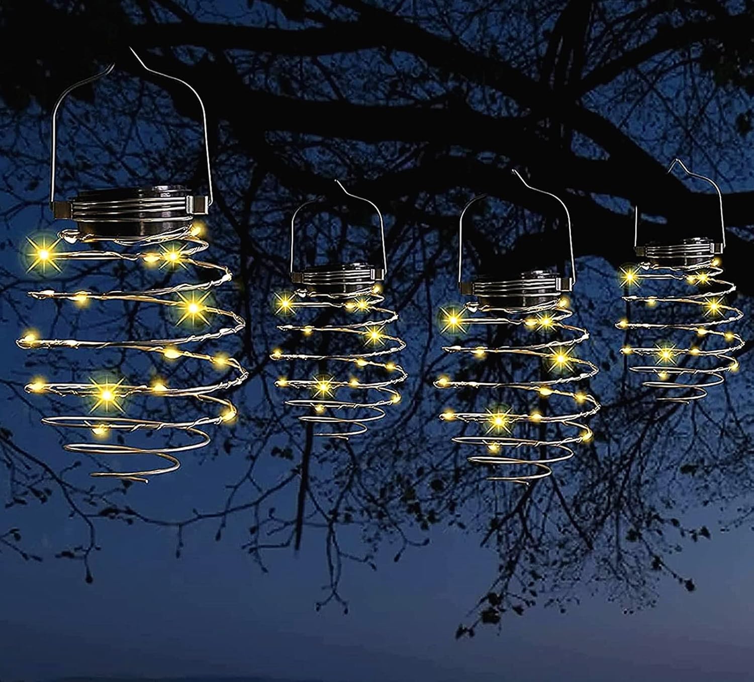 4 faroles solares en espiral, luces solares de jardín decorativas para exteriores, luces colgantes impermeables, luz G-Arden para jardín, patio, porche