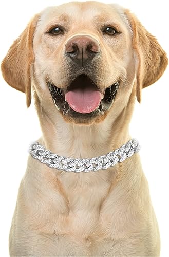 Miniatura 2 de Halukakah HOLLYWOOF - Collar para perro Cadena de oro chapada en platino, lujoso teléfono de diamantes y 0.551 in de grosor, tamaño 14 pulgadas con
