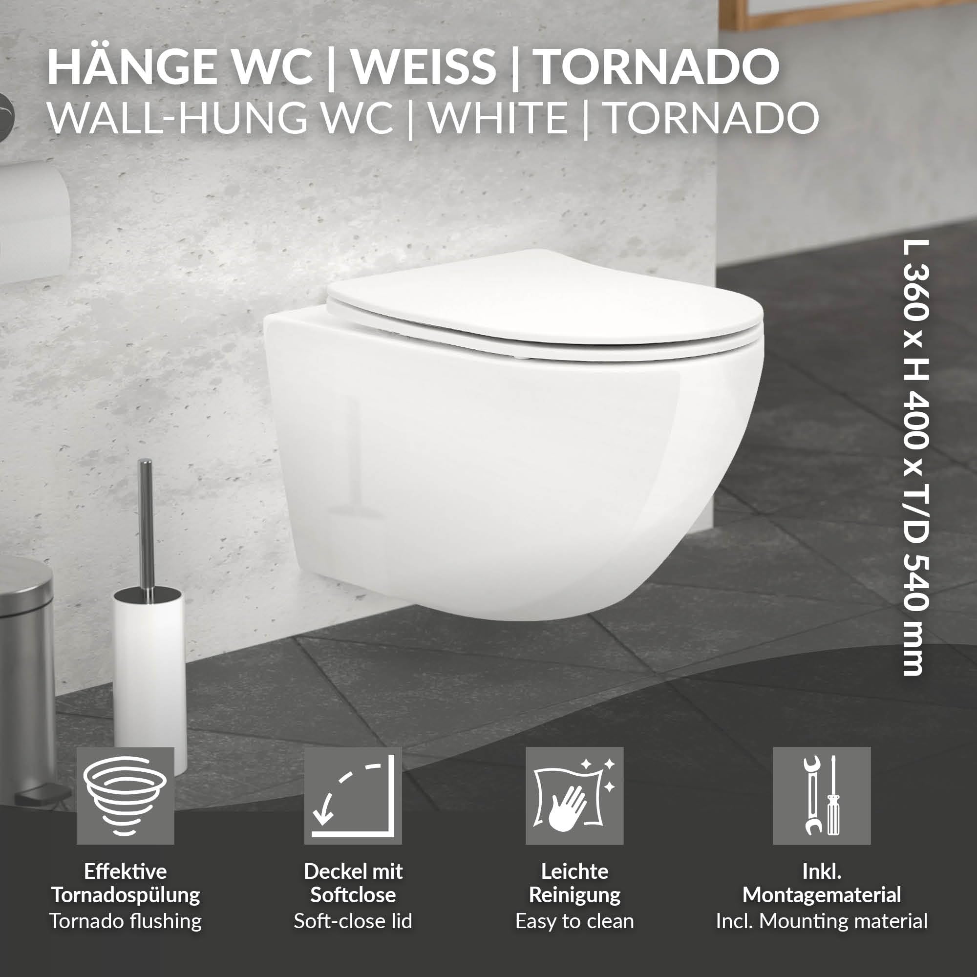 LuxeBath WC Suspendu sans Rebord, Blanc, en Céramique, à Chasse d'Eau Profonde Tornado, Long 54 cm, avec Couvercle Softclose, Cuvette Toilette Murale Brillante avec Abattant à Fermeture Automatique