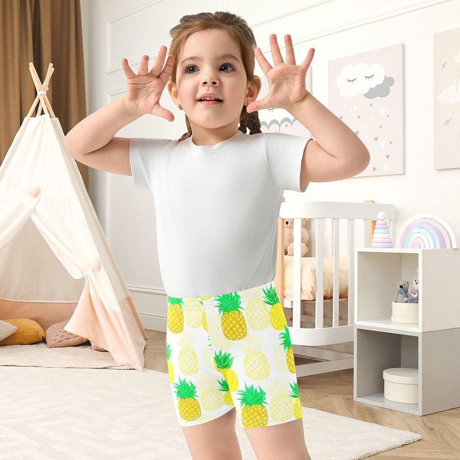 White Pineapple Fruit Girls Bike Shorts Toddler Soft Cotton Under Dress Dance Shorts
