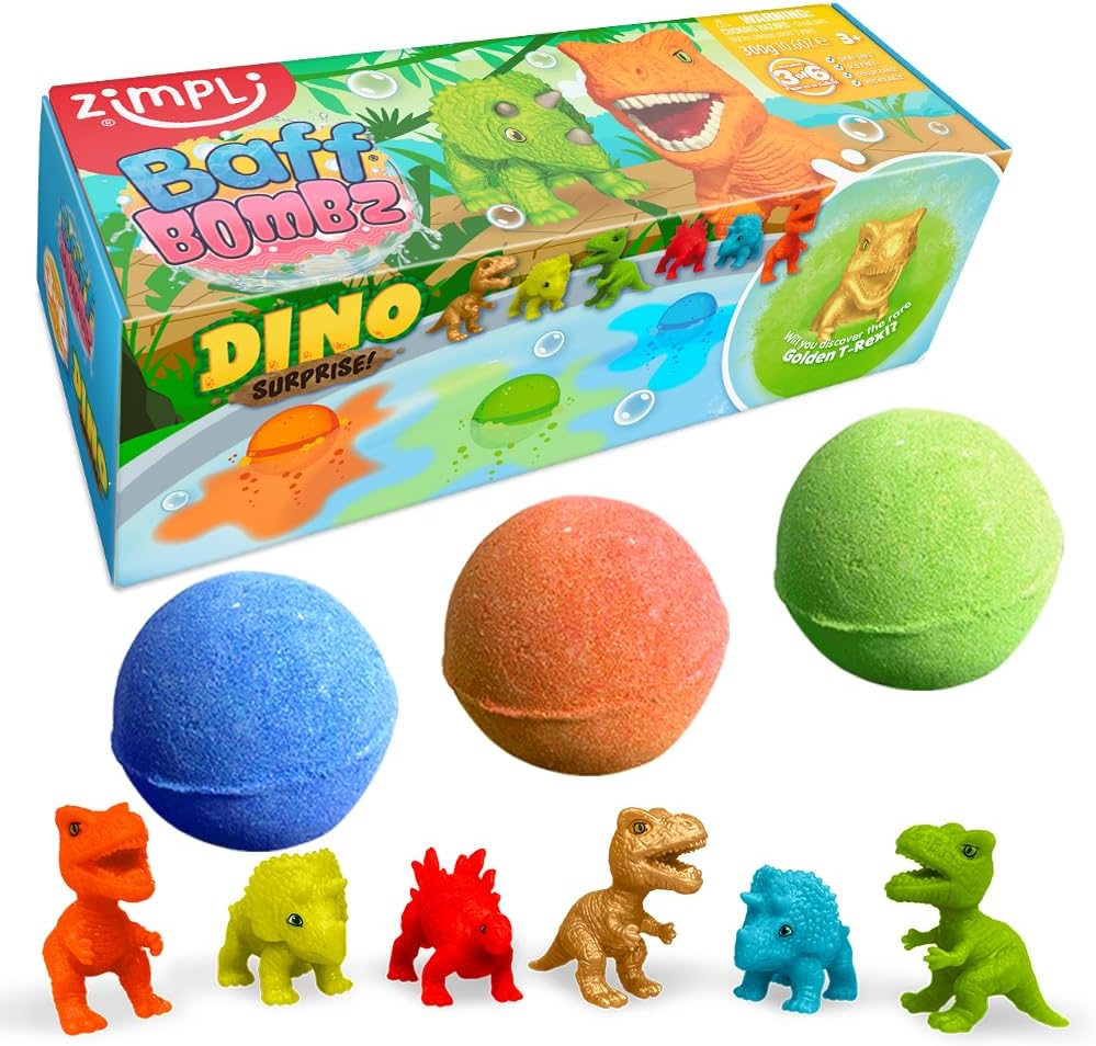 ZIMPLI - 3 x Large Dino Surprise Bath Bombs, 1 of 6 Surprise Dinosaur Toys to Collect, One per Baff Bomb, Bubble Bath Fizzies for Birthday, Xmas Gifts