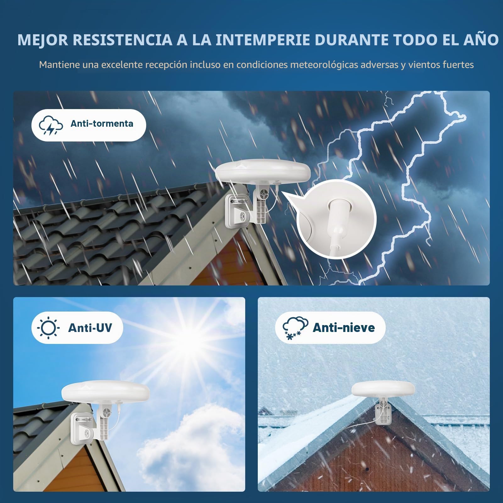 1byone - Antena de TV para exteriores de 360°, recepción omnidireccional de largo alcance de 100 millas para mejorar VHF y UHF 4K Ready HDTV Antena con estabilidad añadida para uso en