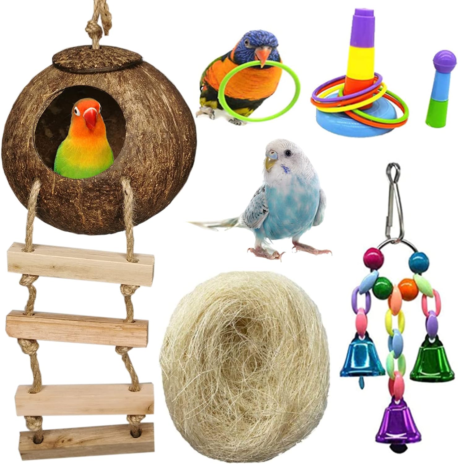 PINVNBY Coconut Bird Nest Hideaway Hut House with Ladder Parrot Training Puzzle Toy Parrot Bell Swing Hanging Birdhouse for Parrots…