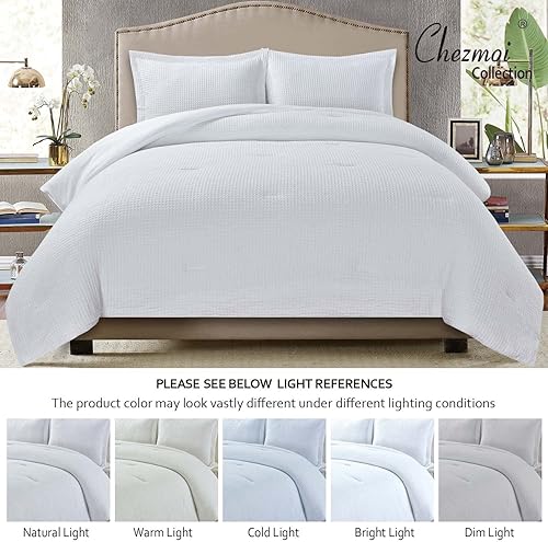 Miniatura 5 de Chezmoi Collection Wilmer - Juego de edredón de 3 piezas con tejido de gofre, suave y acogedor para todas las estaciones, tamaño Queen, color blanco
