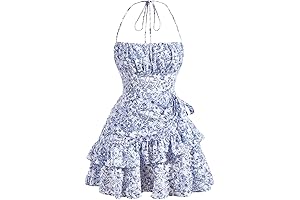 Women's Cute Floral Print Sleeveless Halter Tie Back Layered Hem Cami Mini Dress