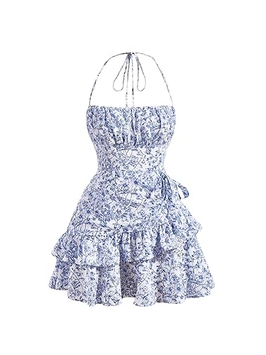 Floerns Women's Floral Halter Ruffle Tiered Cute Summer Mini Dress Milkmaid Vacation Sundress - XX-Small - Blue and White