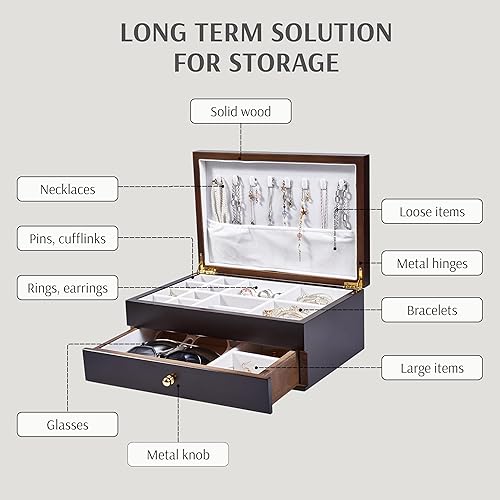 Miniatura 7 de Joyero de madera con cajón, madera maciza natural real de tamaño mediano, organizador vintage de 2 capas con almacenamiento de aretes,