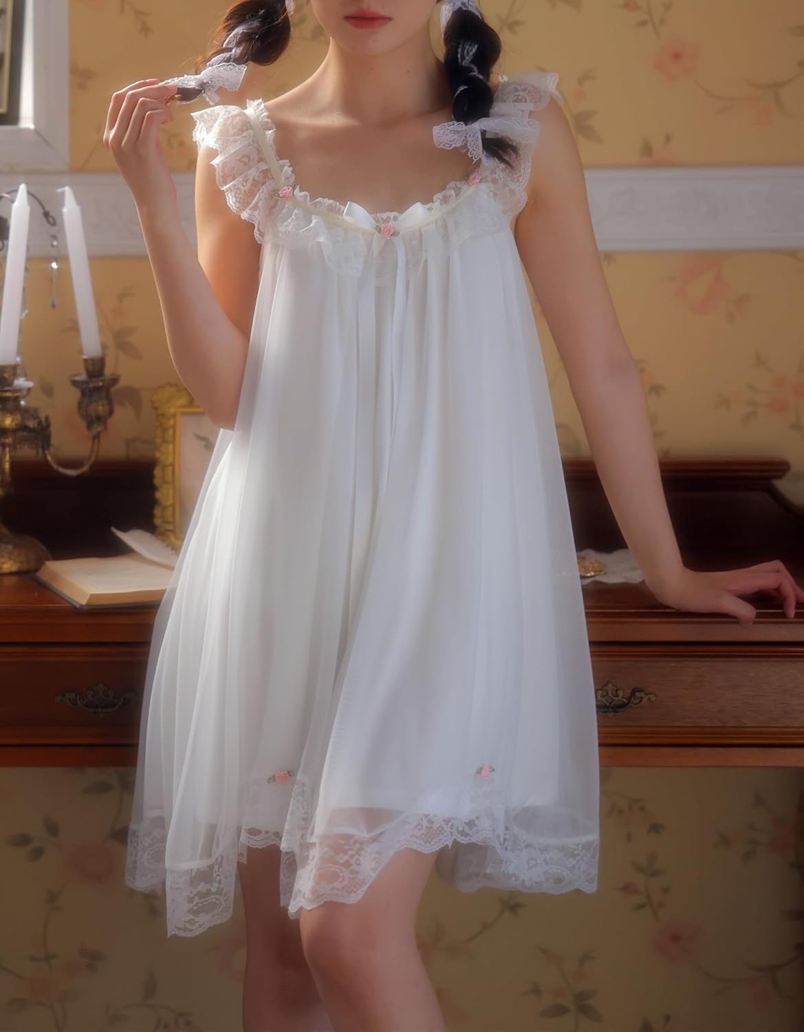 Women's Vintage Victorian Nightgown Summer Sleepwear Sleeveless Lounge Dress - Image 2