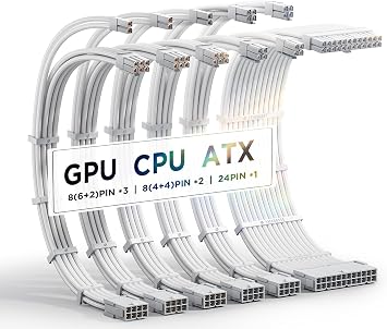 AsiaHorse 16AWG Sleeved Cable Kit for PC/GPU/CPU PSU Cable Extension PC Power Supply Extensions Cable with Cable Combs 24 PIN/(6+2) PIN/(4+4) PIN Cable Management 30 cm Full White