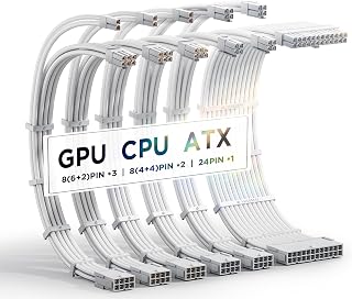 AsiaHorse Actualización 16AWG PSU Cable Extension, PC Kit de Cables para GPU/CPU, Extensiones de Cable de alimentación con peines de Cable, 24PIN/(6+2) Pin/(4+4) Pin, 30CM, Blanco Puro