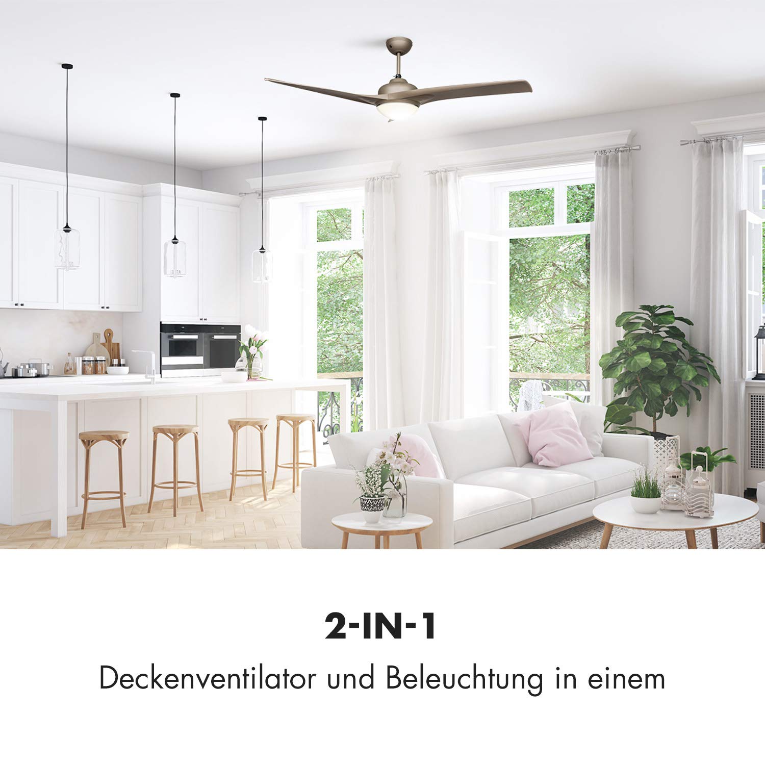 Klarstein Figo Deckenventilator - 2-in-1: Ventilator & Deckenlampe (2 x 42 W), Durchmesser: 52" (132 cm), 3 Flügel, Luftdurchsatz: 10.039 m³/h, 2 Laufrichtungen, 3 Geschwindigkeitsstufen, Titan-Optik