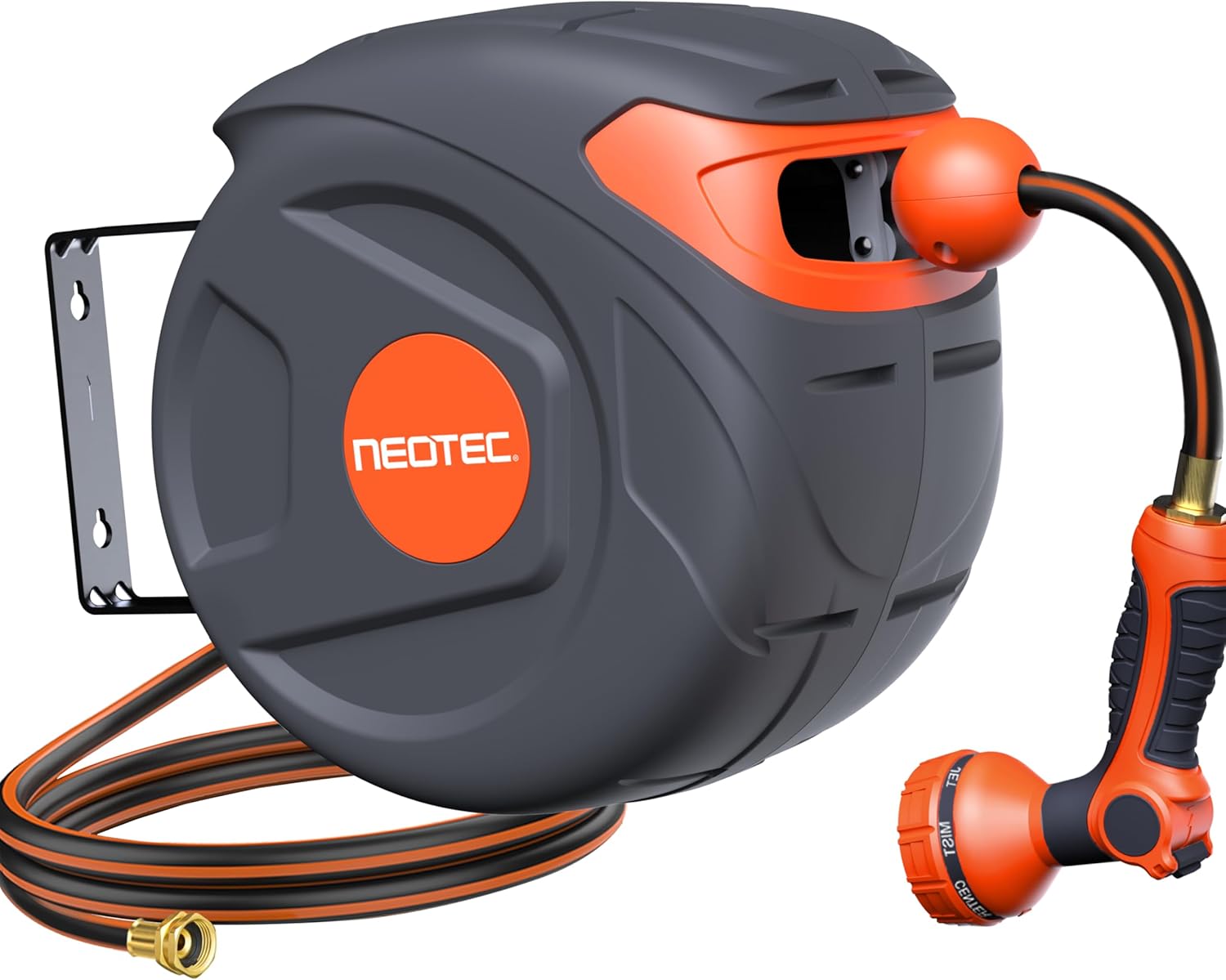 NEO-TEC Retractable Hose Reel 33 ft, 1/2 Inch Wall Mounted, Auto Slow Return, Any Length Lock, 9 Pattern Nozzle, 180° Swivel, UV Resistant Garden Hose Reel for Outdoor Use
