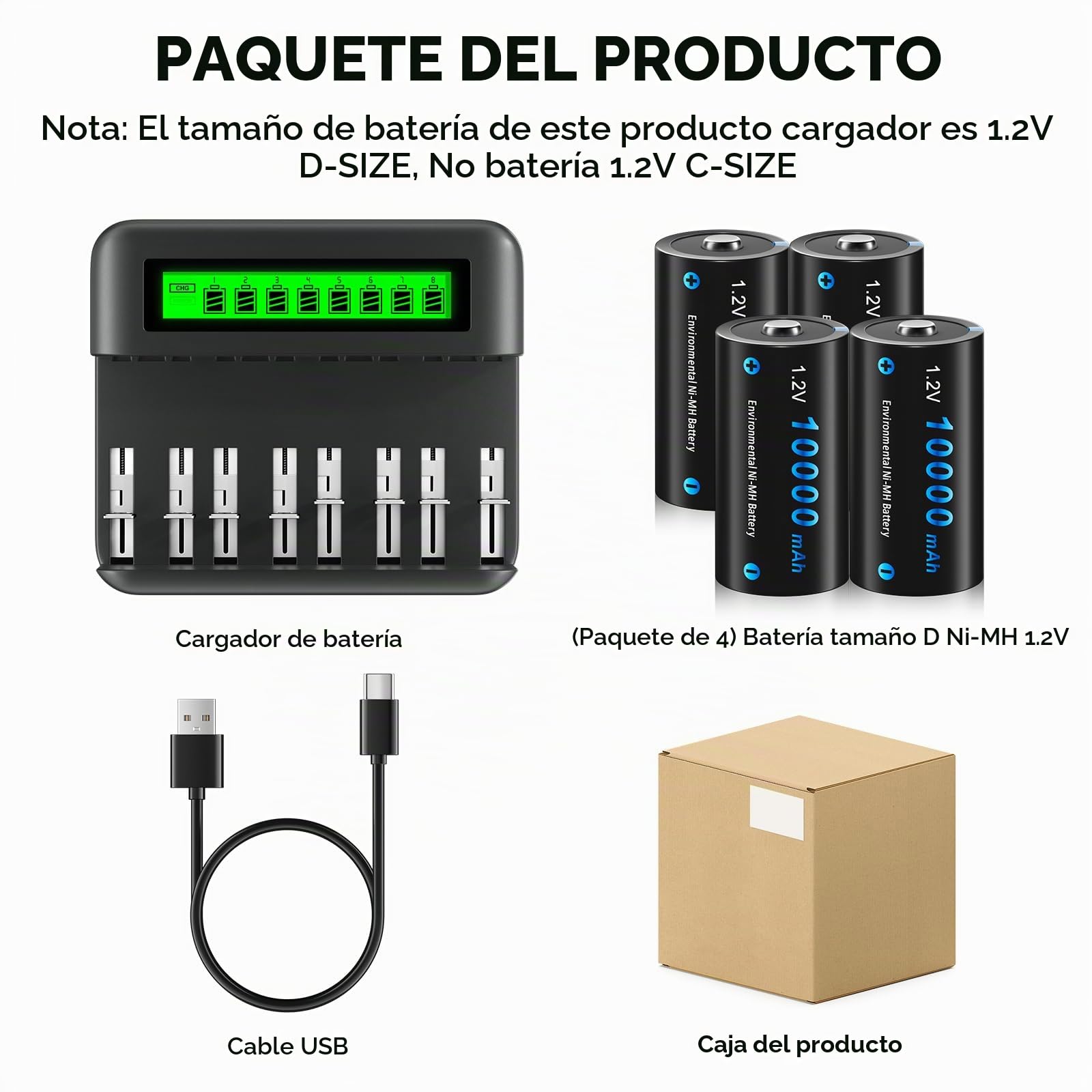 CITYORK Cargador de batería universal LCD, para baterías 8 AA/AAA o 4 C/D, canal de carga independiente por cargador rápido, con 4 pilas D de 10000 mAh