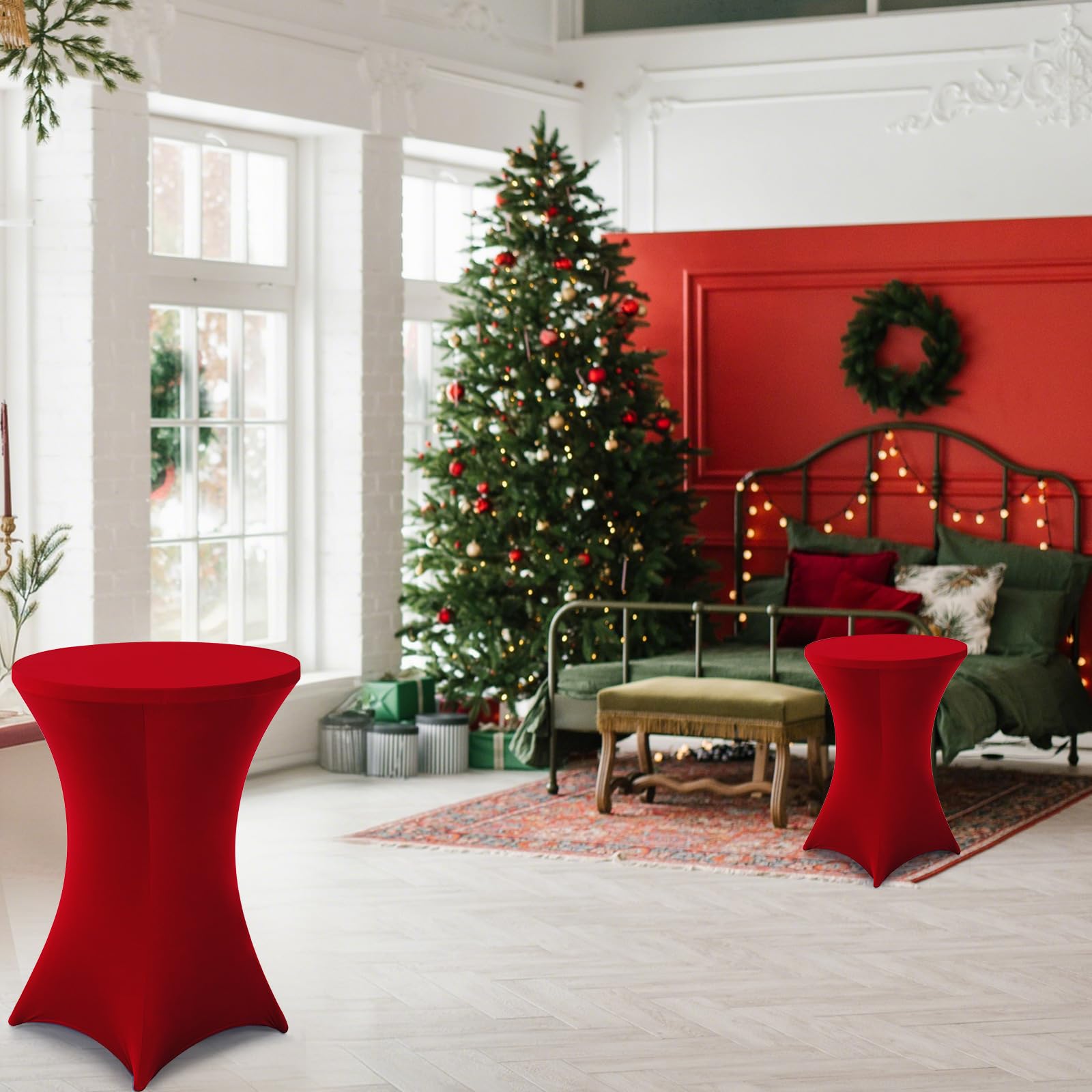 wenqik 2 sets 32" high top round folding cocktail tables white bar height with removable legs & 32"x43" spandex stretch table covers (burgundy)