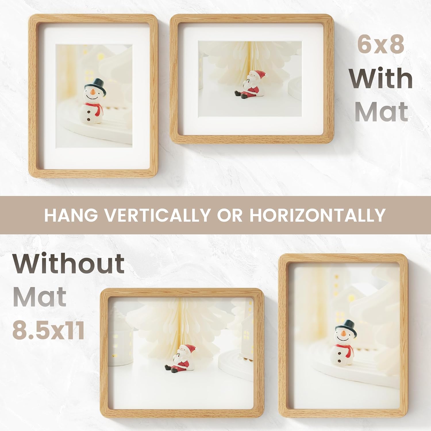 FLYJOE 8.5x11 Picture Frame, Natural Solid OAK Wood Photo Collage Frame with HD Tempered Glass, Modern Simple Wooden Frame 8.5 x 11 Matted to 6x8, Gallery Wall Frames for Art, Wall or Tabletop Display