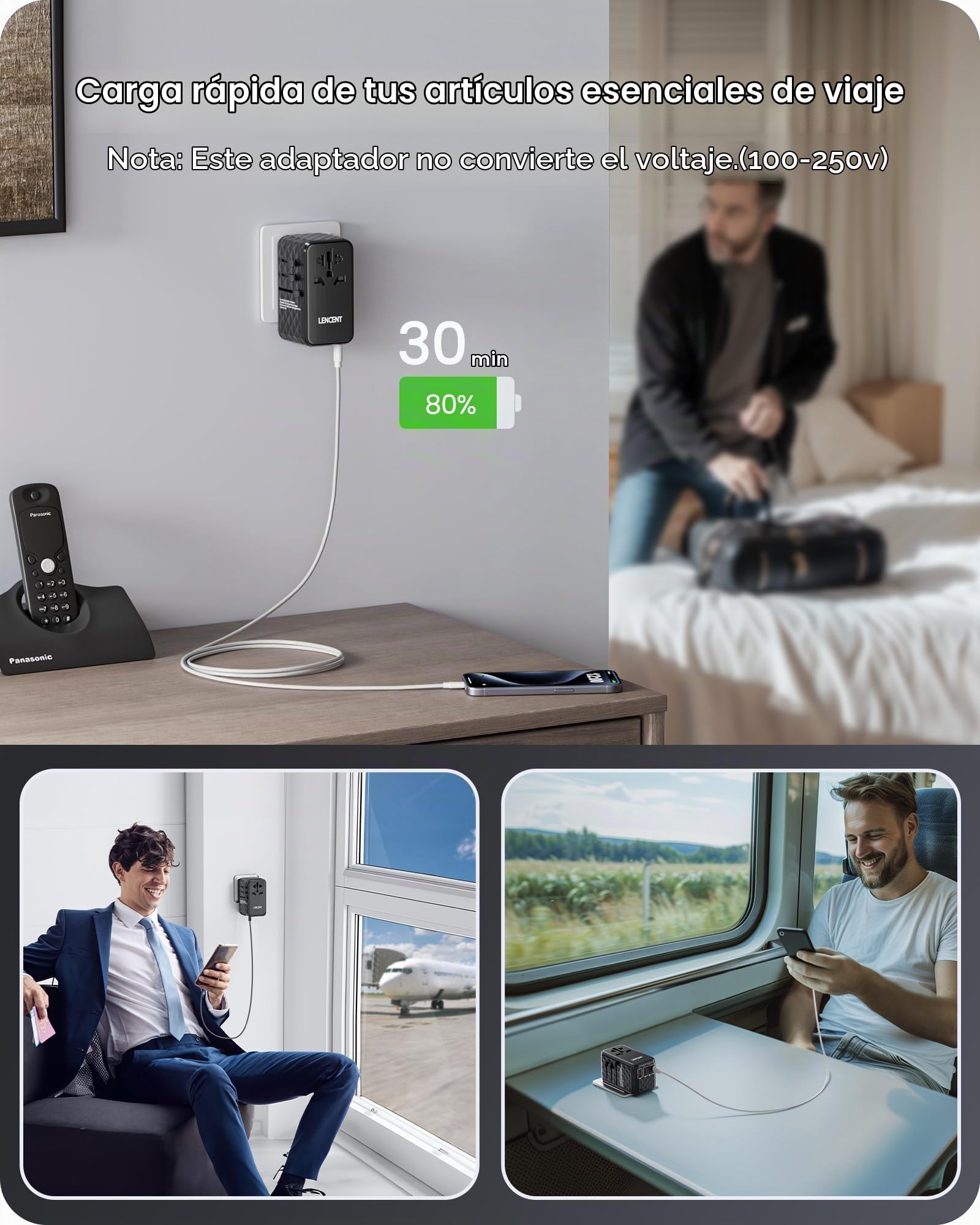 LENCENT Adaptador de Viaje Internacional 140W, Adaptador Universal | 1 USB-A y 3 USB-C, Adaptador Enchufe Carga Rápida para Phone, Teléfono, Ordenadores Portátiles, para EE.UU./UK/EU/AUS, Negro