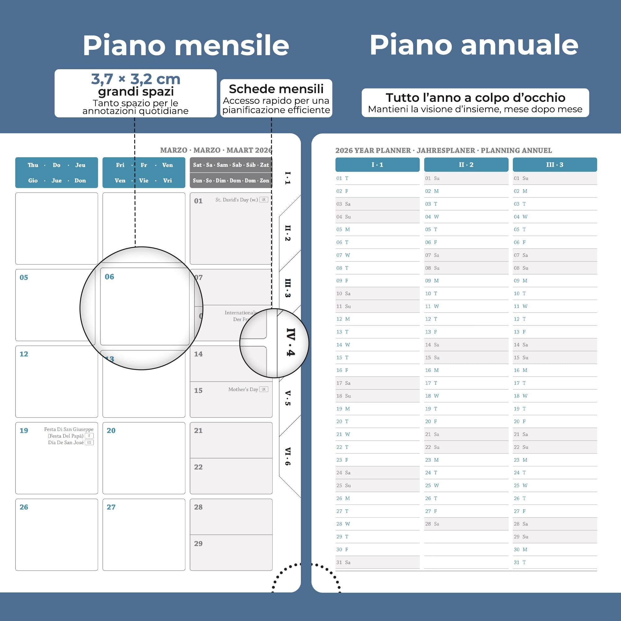 Agenda 2026 A5: Diario, Pianificatore quotidiano 1 pagina/giorno, Carta 80 g/m² 21,5x15 cm, con portapenne & tasca interna, pelle vegana Blu marino