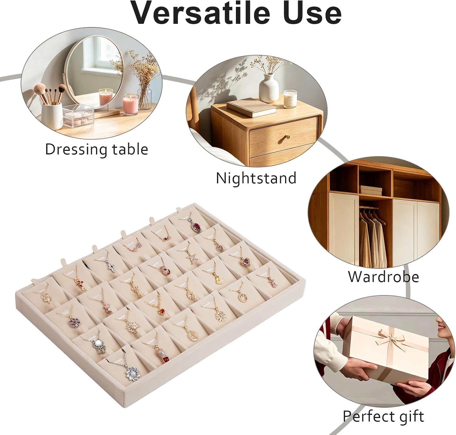 Jewelry Box Necklace Organizer Tray 24 Slots (Beige Velvet), Stackable Necklace Display Case for Storage Vendor Selling Drawer, Jewelry Necklaces Display Stand Inserts Pendant Holder for Women image 5