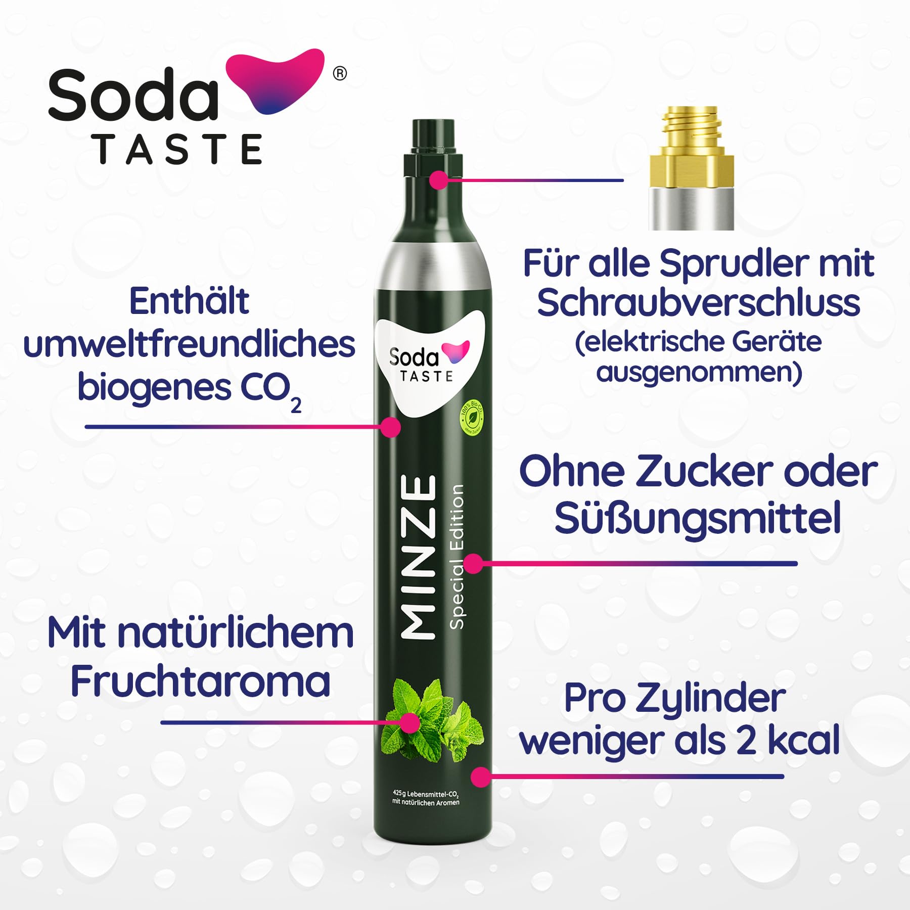 SodaTASTE Sparpaket: Mysoda Woody - Wassersprudler aus erneuerbarem Holzkomposit mit 1L BPA-freier Plastikflasche, CO2-Zylinder Classic + CO2-Zylinder Minze (Rosa)