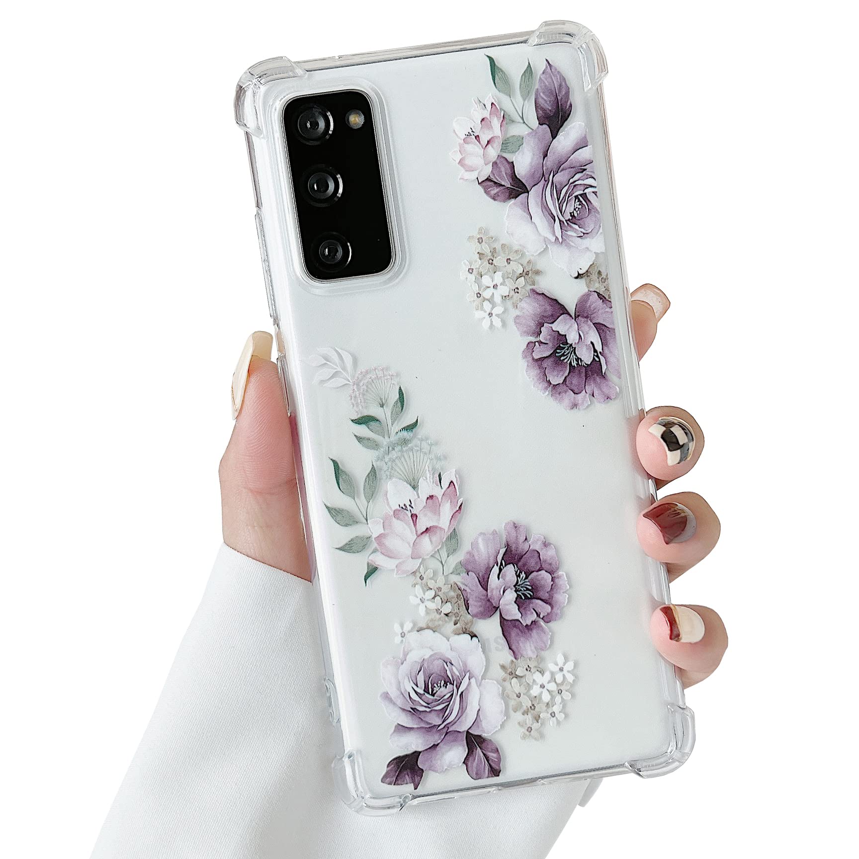 DEFBSC Soft Case Compatible with Samsung Galaxy S20 FE 5G, Clear Floral Flower Pattern Print Design Flexible TPU Shockproof Cover for Women Girls,Flower Protective Phone Case, Purple Peony