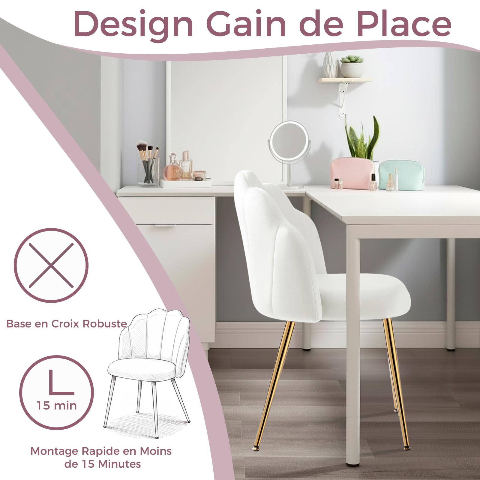 Chaise Coiffeuse Velours Blanche - Fauteuil Coquille Pieds Dorés Design pour Chambre Salon Fille, Facile à Monter