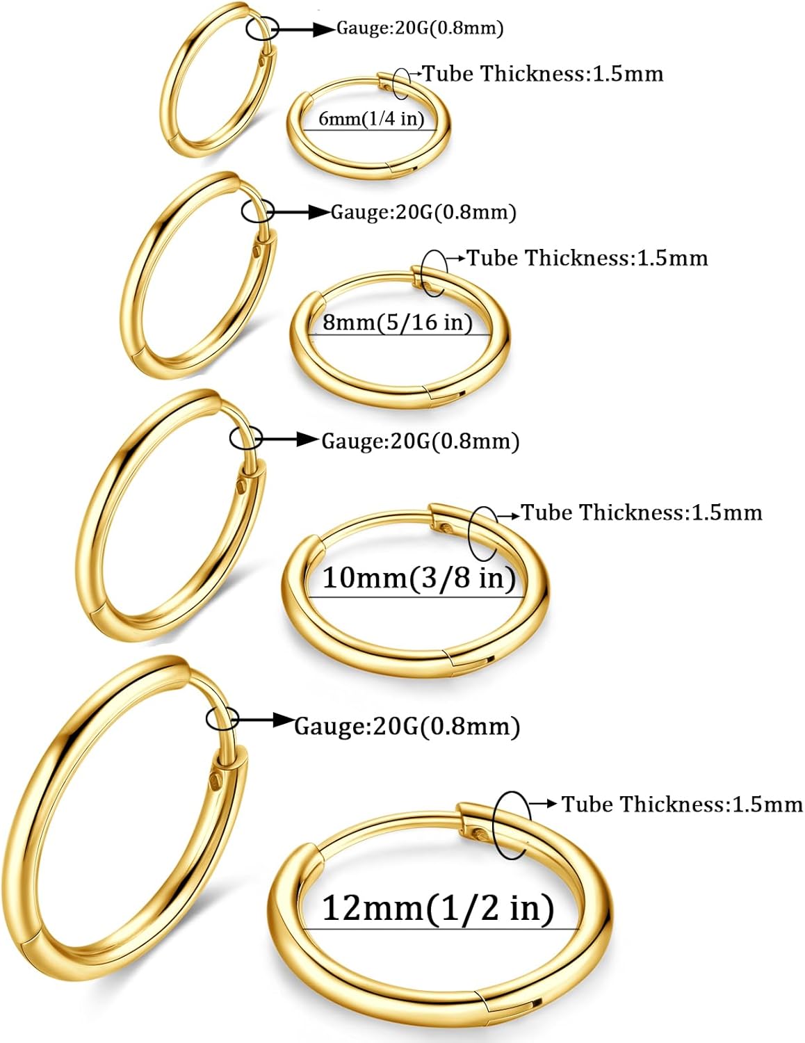 316L Surgical Stainless Steel Huggie Hoop Earrings 6mm 8mm 10mm 11mm 12mm 14mm Hypoallergenic Earrings Hoop Cartilage Helix Lobes Hinged Sleeper Earrings For Men Women - Image 3