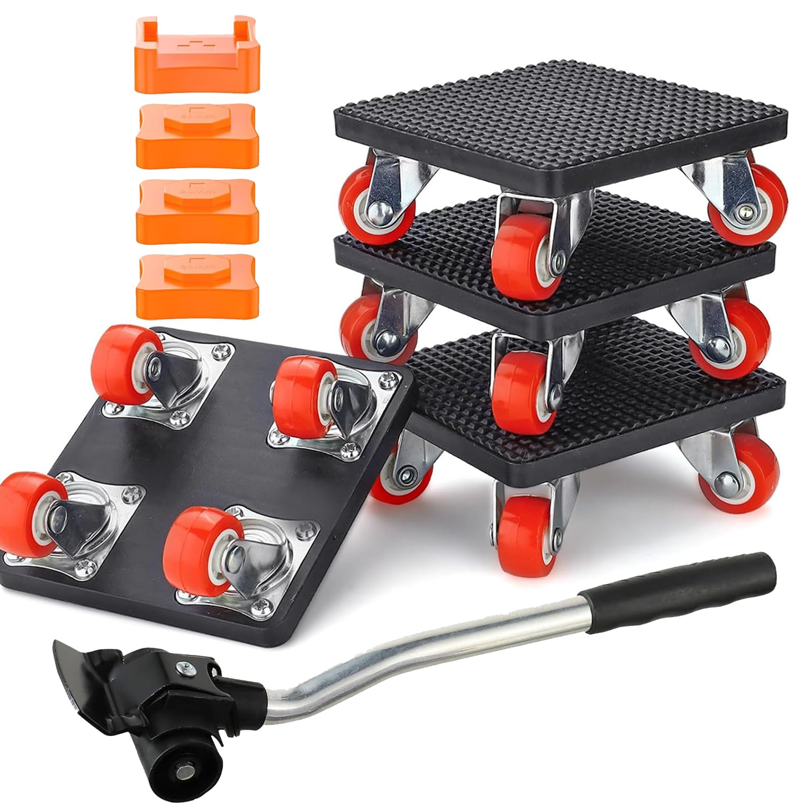 JUGGPENG 9-Teiliges Möbel Transportroller Set, Schwerer Möbelheber mit Verlängerungsstange und 4 Möbelroller, 360 Grad Drehbar Rads, 400kg Tragfähigkeit, Möbeltransporter Möbeltransportrollen