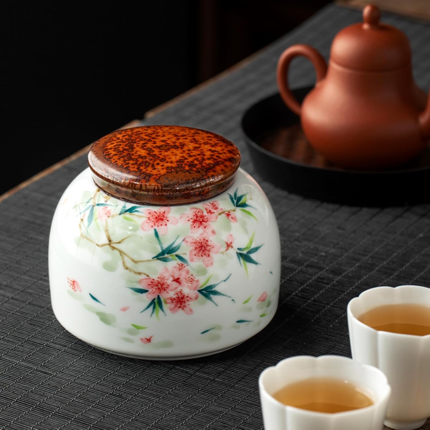 Hand-drawn Peach Blossom Ceramics Tea Caddy, 380ml 12.9oz, Sealed Storage Tank Home Tea Set Accessories