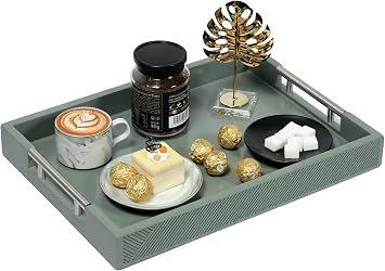 Modern Serving Tray with Polished Metal Handles, 16''x12'' Rectangle Coffee Table Tray, Perfect for Storage and Display (Grey)