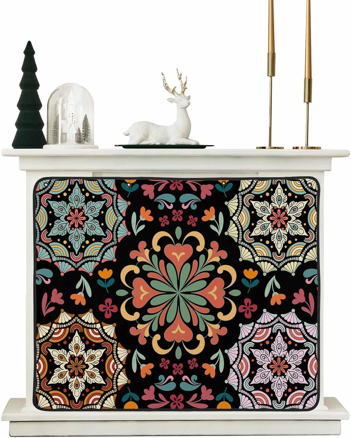 Magnetic Fireplace Cover Black Turkish Pattern Fireplace Screen Decorative Vintage Abstract Flower Insulation Fireplaces Blocker Save Energy Fireplaces Draft Stopper Covers for Living Room 36x30