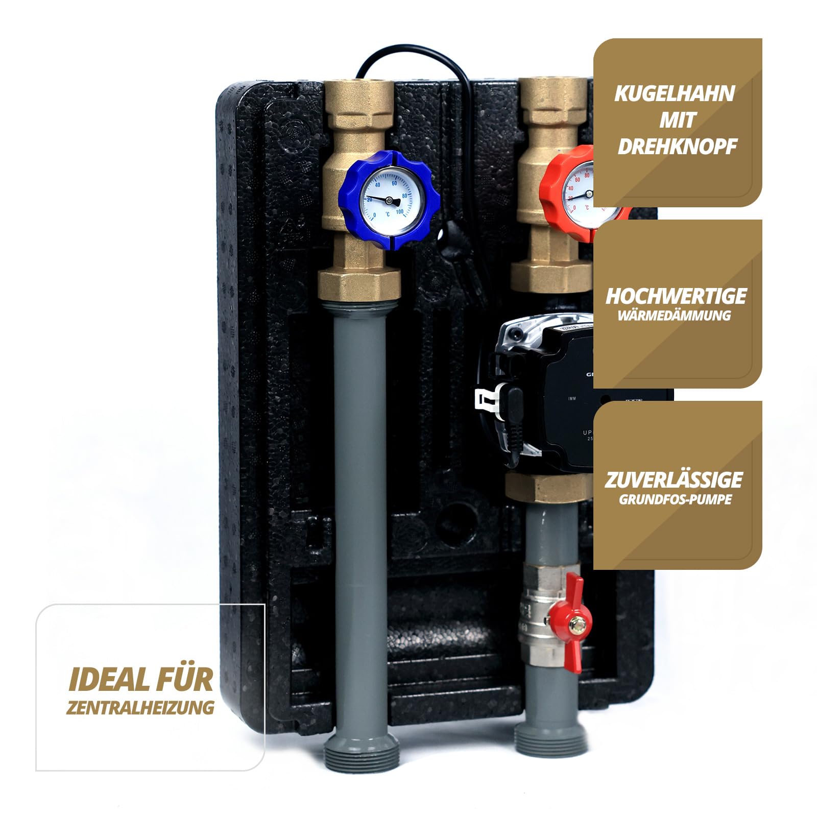 SUNEX® Pumpengruppe für Heizkreis GPO DN25 mit GRUNDFOS UPM3S Auto 25-60 Umwälzpumpe – Heizkreisstation mit Wärmedämmung, Thermometern & Rückschlagventil, AG 1½″ / IG 1″, max. 6 bar, 90 °C