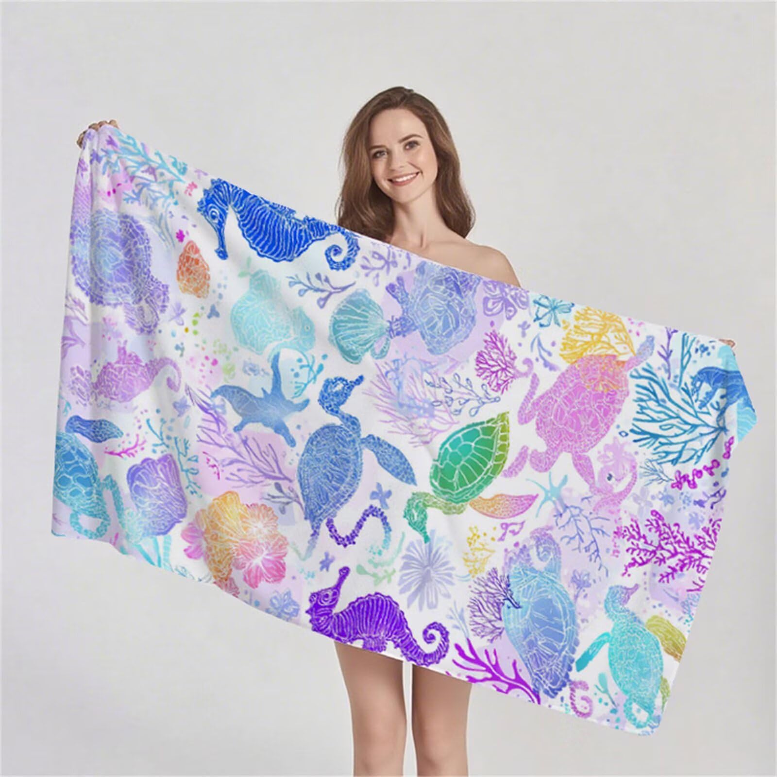 Ręcznik plażowy z mikrofibry, różowy konik morski, duży rozmiar ręcznik kąpielowy 80 x 180 cm, lekki, miękki, szybkoschnący, odporny na piasek prześcieradło plażowe, z torbą do pływania, ręczniki