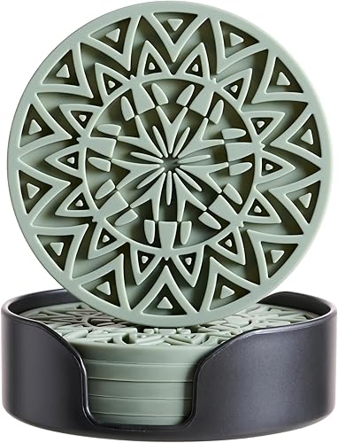 Miniatura 8 de Juego de 6 posavasos de silicona verde salvia con soporte, posavasos con forma de patrón tribal, para protección de mesa, antideslizantes, Verde