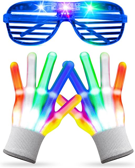 Led Gloves for Kids, Flashing Light Up Gloves With a Led Glasses, Light Glow Gloves Cool Fun Toys for Ages 12 and Up Boys Girls, Light-up Party, Costume Party Favors, New Year Easter Birthdays Gifts