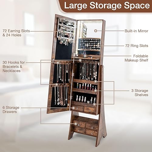 Miniatura 8 de CHARMAID Joyero con tira de luz LED armario de joyería de piso con espejo de longitud completa espejo de tocador integrado estante de maquillaje