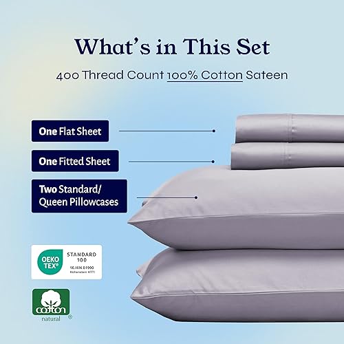 Vista 386 de Juego de sábanas de 400 hilos y 6 piezas, tamaño King, con 4 fundas de almohada, ropa de cama de 100 % algodón con tejido satinado, color azul 12