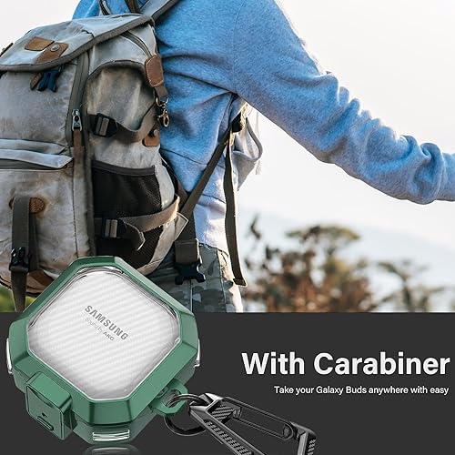 Miniatura 6 de Funda transparente de fibra de carbono para Samsung Galaxy Buds FE2 Pro2Live (2020-2023) con bloqueo seguro y llavero - verde claro