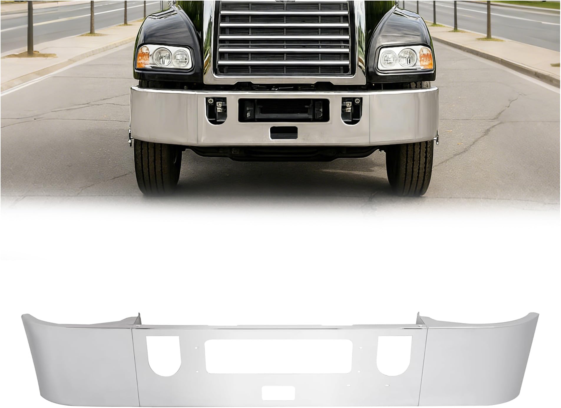 Front Bumper Compatible with Mack Set Forward Axle CHU and Pinnacle Models (All Years) without Fog Light Cutouts Steel Chrome 3PCS