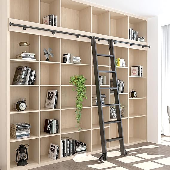 Hook on Sliding Library Ladder Hardware kit Telescopic Upper Roller(No Ladder), Floor Wheels with Brakes,Telescoping Upper Hook, Rustic Black Finish(Limited to Ladder Thickness 2.5cm) (Size