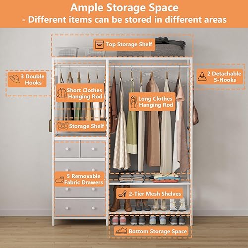 Miniatura 3 de Auromie Perchero con 5 cajones y 4 estantes de almacenamiento, 59.1 pulgadas de ancho x 70.9 pulgadas de alto, perchero resistente con 2 varillas
